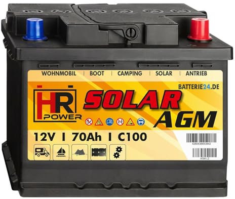 HR Solar AGM Versorgerbatterie 12V 70Ah | Solaranlage Batterie | Wartungsfrei und auslaufsicher | für Camping, Boote, Windkraft | Abmessungen 242 x 175 x 190mm | Deep-Cycle Batterie