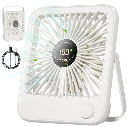 Dealswin Tischventilator Sehr Leise Stufenlos 1-100 Regler mit LED-Anzeige USB Ventilator Kleiner Tragbarer 3600mAh Akku Mini Ventilator für Schlafen, Büro, Heim, Im Freien, Küche, Reisen(Weiß)