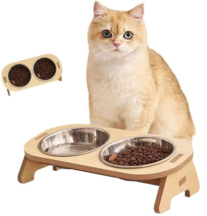 Druuzyl Erhöhter Katzennapf aus Edelstahl mit Bambus-Ständer - Futternapf & Wasserschale für Katzen und Hunde, rutschfeste Fressstation mit Holzfuß