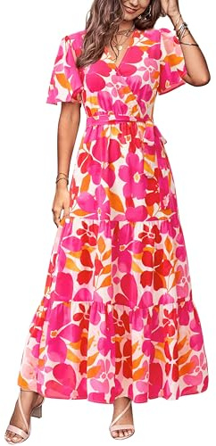 MASCOMODA Robe longue d'été à pois suisses pour femme, col en V, manches courtes, style bohème, décontracté, fluide et fluide