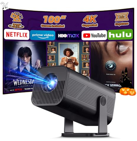 Smart Projector with WiFi and Bluetooth, 4k Support Portable Outdoor Projector, 200 ANSI Lumens, 210° Rotatable Stand, Auto Keystone,Built-in App Movie Proyector for Home & Camping (Black)