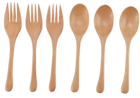 Wooden Fork and Spoon Japanese Style Utensil Set Beech Wood 3 Sets Family Dinner