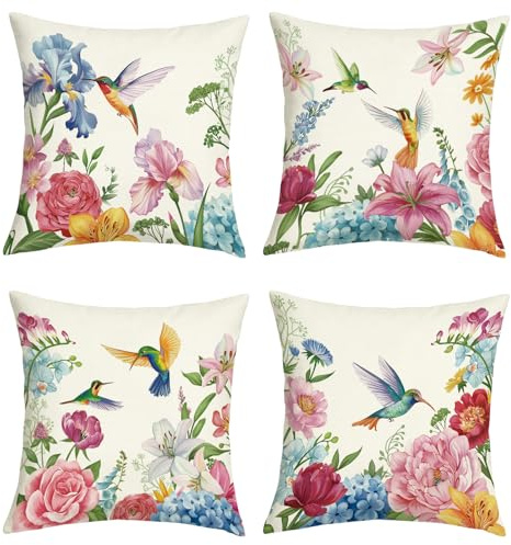 Joymaison Kissenbezüge 45x45 4er Set Sommer Blumen Kolibri Lilie Garten | Deko Kissenhülle Frühling Bauernhaus Iris Hortensie Blume Outdoor Dekorative Kissenbezug Kissen für Couch Sofa