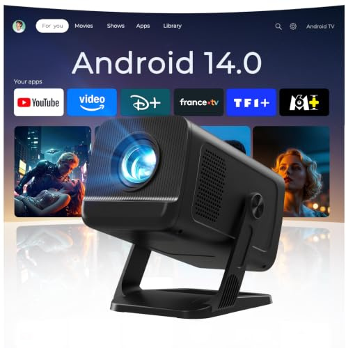 Mini Portable Vidéoprojecteur Compatible 4K, Video Projecteur Contrôle App | Android 14 Smart Rétroprojecteur, Auto Keystone Courte Focale Projecteur WiFi6&Bluetooth5.4 Compatibile avec HDMI/USB, noir