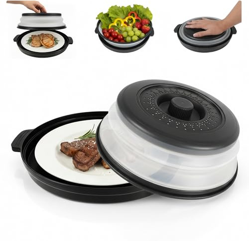 Collapsible Microwave Cover, Microwave Plate Cover with Anti-scald Tray, Vented Microwave Cover BPA Free, Multi-Functional Microwave Splatter Cover, Kitchen Gadgets for food 10.5 Inch Black
