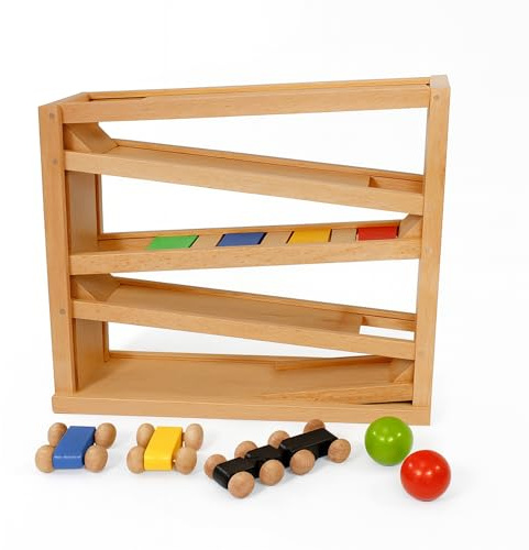 Lemodo Holz-Kugelbahn aus Buche Natur, Autorennbahn für Kinder ab 2 Jahren, fertig montiert, 3 Autos & 2 Kugeln, nachhaltiges Motorikspielzeug für Zuhause und Kinderzimmer, für Mädchen und Jungen