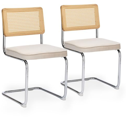 SEEDWAVE Freischwinger im 2er-Set mit Samtpolster und Rattan Rückenlehne, verchromtes Stahlgestell mit Rutschfester Basis (Beige)