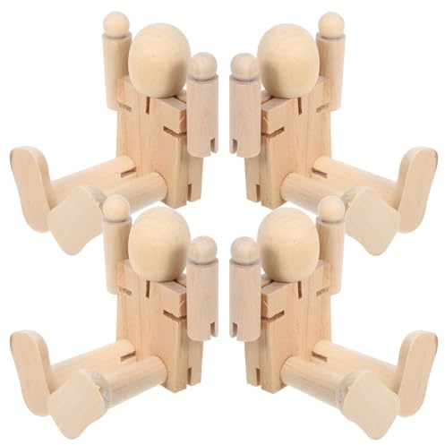 Healifty Holzroboterfigur 4 Stück Unbemalte Holzfiguren mit Beweglichen Gelenken Bastelset für Rollenspiele und Kunstprojekte