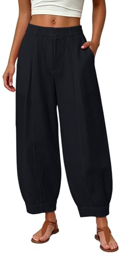 ziubauyke Womens Barrel Leg Trousers Cotton Linen Balloon Pants Ladies Summer Casual Elasticated Waist Harem Trousers Loose Fit Wide Leg Trouser Boho Beach Vacation with Pockets