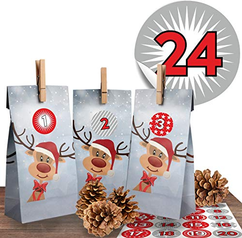 Adventskalender Bastelset (DIY) RUDOLPH RENTIER für Kinder (Jungen und Mädchen) aus 24 weihnachtlichen Papiertüten mit Aufklebern und Holzklammern