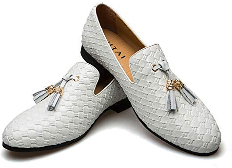 JITAI Gli Uomini Retro Pelle bv Ricami Nobile Scarpe Scivolare su Mocassino Fumare Scarpetta Tassel Mocassini, Bianco 08, 42 EU (9 UK)