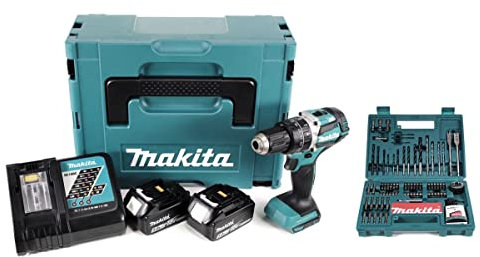 Makita DHP 484 RTJ - Taladro atornillador de impacto (18 V, batería de ion de litio, incluye 2 baterías de 5,0 Ah y cargador, Makita B-53811 y juego de brocas de 100 piezas)