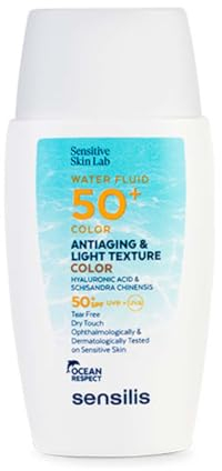 Sensilis - Water Fluid 50+ Color, Fotoprotector Antiedad Facial con Ácido Hialurónico y Vitamina E, Ultra-Fluido con Color Acuoso y SPF 50+, para Pieles Sensibles - 40 ml
