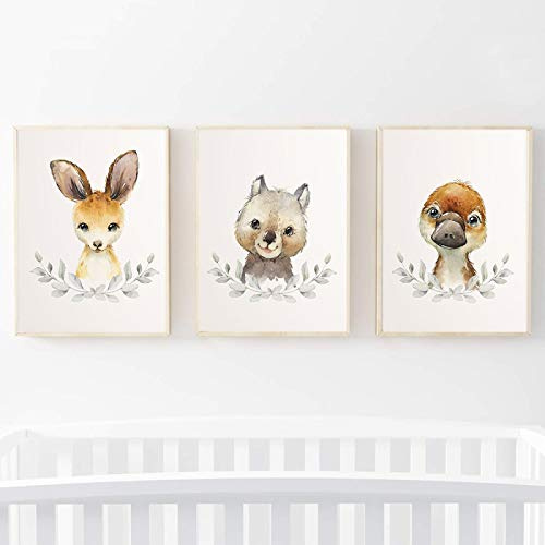 XIANGPEIFBH Leinwand Malerei Kindergarten Wald Wandkunst Känguru Kola Wombat Schnabeltier Tier Poster und Drucke Bilder für Wohnzimmer 20x30cmx3pcs Ungerahmt