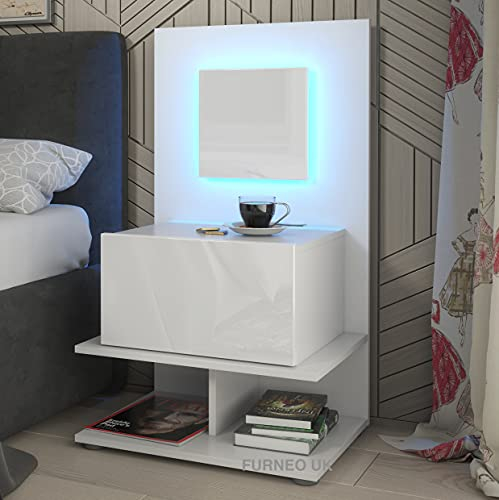 Furneo White Bedside Table Cabinet Nightstand With Drawer & Shelf Matt & High Gloss Clifton16 With Blue LED Lights