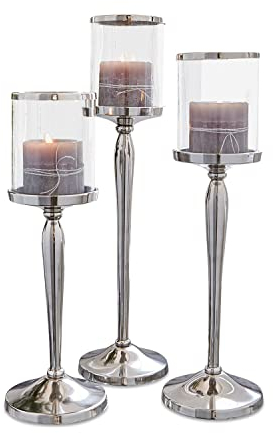 Loberon Kerzenständer 3er Set Serres, elegant glänzender Fuß, hochwertiger Materialmix, für Teelichter oder Stumpenkerzen, Kerzenhalter, Kerzenleuchter, Aluminium, Glas, Silber/klar