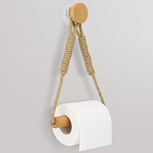 Selbstklebend Toilettenpapierhalter ohne Bohren,Holz Klopapierhalter Set,Handtuchhalter,WC Papier Halterung Vintage mit Seil für Küche,Badzimmer,Toilette (Ohne Bohren)