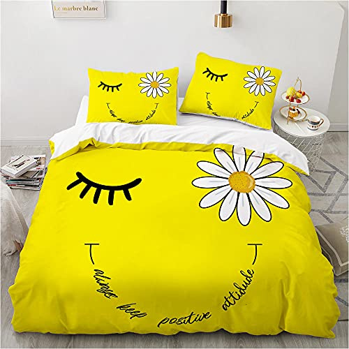 LUYAPOND Bettwäsche 135x200 Gelber Smiley Blume Bettwäsche Set für Kinder, Mikrofaser Bettbezüge, 1 Bettbezug mit Reißverschluss + 1 Kissenbezug 80x80 cm