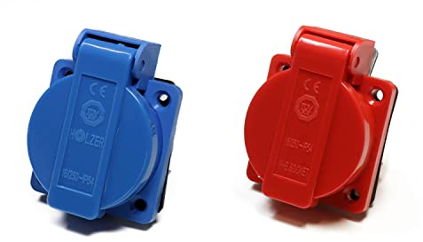 8 Stück/Einbausteckdose Schuko Steckdose 16A mit IP54 / + Flansch Dichtung (4x Blau / 4x Rot)