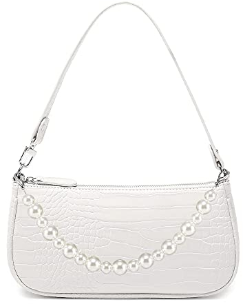 BLUEEE CHECKERS 90er Jahre Tasche Retro Classic Clutch Kleine Schulter Tote Handtasche mit KrokoMuster & Reißverschluss für Frauen Crossbody Clutch Geldbörse + 1 abnehmbare Perlenkette, weiß, One