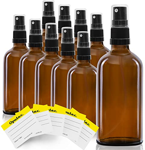 Oputec 10 pulverizadores de cristal con atomizador de 100 ml, botellas de cristal marrón con cabezal de pulverización fino + 10 etiquetas de identificación. Pequeña botella de espray para rellenar