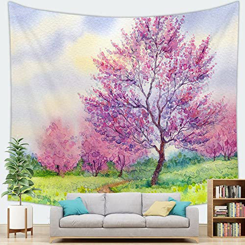 qbodp Wandteppich Im Japanischen Stil,Aquarellbaum,Ästhetisches Wandbild,Schlafzimmer,Wohnzimmer,Wandkunst,Heimdekoration,Hängendes Tuch,91 x 71 in(230x180cm)