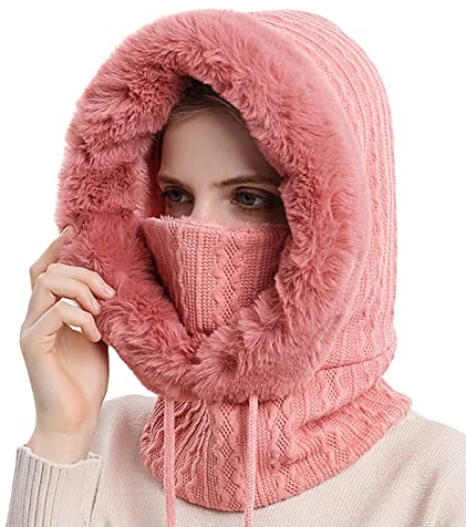 SEAUR 3 in 1 Schlupfmütze Damen Sturmhaube Fleece Gefüttert Wintermütze Strickmütze Skimütze Warm Balaclava Fahrrad Mütze Schal Gesichtsmaske - Rose Rot