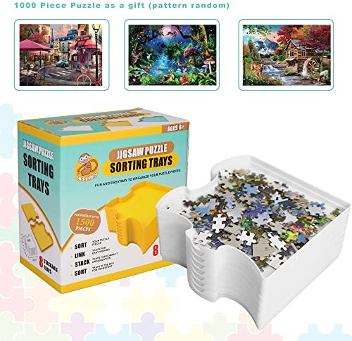 8 Stackable Puzzle Shaped Sorting Trays - Plus Included 1000 Piece Puzzle - Organize Puzzles Up to 1500 Pieces (White)