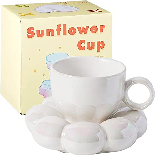 Artuxer Tasse à café en céramique en forme de nuage avec dessous de verre en forme de tournesol - 200 ml - Pour café, thé, latte, lait (Blanc Perle)