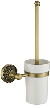 Lucyound Toilet Bowl Brush and Holder, Wall Mounted Loo Cleaner Brush Set for Bathroom, Vintage Gold Decorative Bathroom Accessories, Petal-Relief Series, Antique Brass and White Ceramic