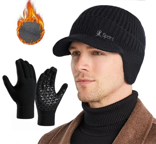Rayson Wintermütze Herren Beanie Hut Handschuhe Set Warm Wintermütze mit Ohrenklappen Stricken Ohrenklappe Hut Winter Mütze Herren Touchscreen Fahrhandschuhe,Schwarz