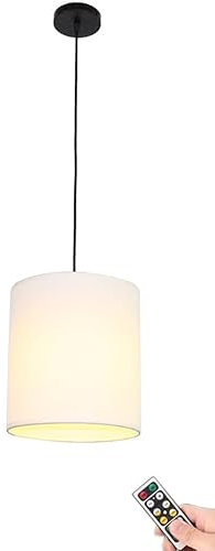 Lámpara colgante que funciona con pilas con control remoto, iluminación colgante sin cableado, lámpara colgante de techo con pantalla de tela blanca para dormitorio, isla de cocina, sala de estar (Co