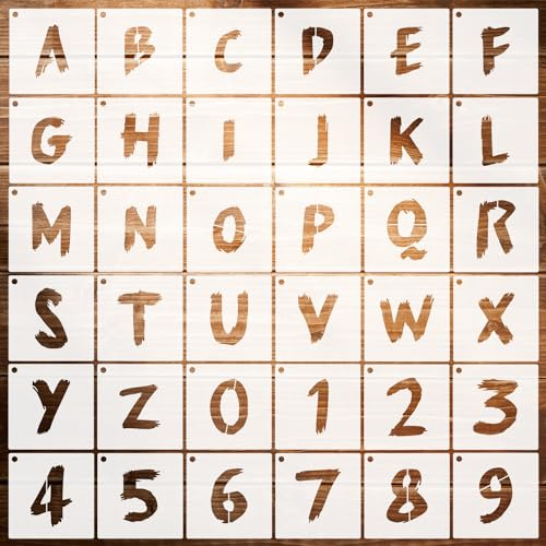 36stk Buchstaben Schablonen Set zum Malen, Buchstaben und Zahlen Schablone mit Metallring Wiederverwendbar Alphabet-Schablonen für Wand Tafel Stoff Holz Schilder Stein Pflanze (5cm)