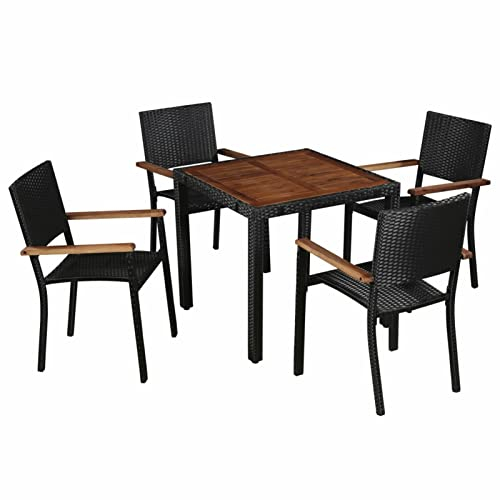 Homgoday 5-TLG. Garten Essgruppe Sitzgruppe Gartenmöbel Set Gartengarnitur Essgruppe Sitzgarnitur Gartentisch Gartenstuhl Terrassemöbel Poly Rattan Akazie Massivholz Schwarz