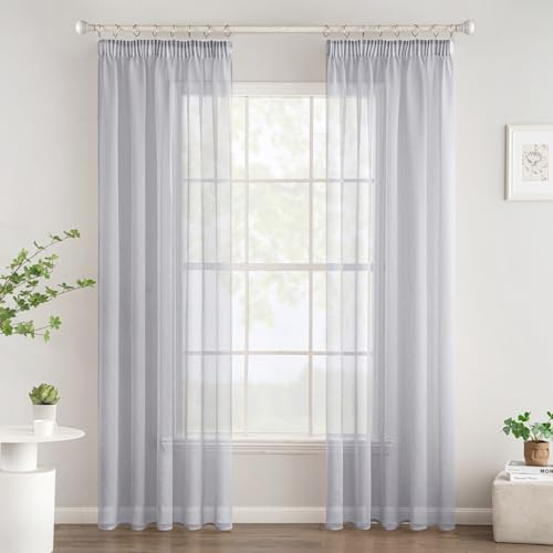 Woaboy Gardinen mit Kräuselband Voile Vorhänge Wohnzimmer Transparent Sheer Curtains Stores Gardine Schlafzimmer Modern Schlaufengardinen 2er Set 140x225cm (BxH) Grau