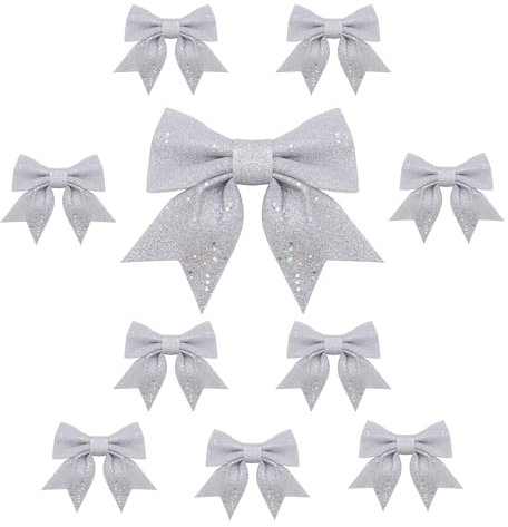 Topways 10PCS Christmas Bow Decorations, Silver Bows for Christmas Tree, Sequin Bow Ties, Xmas Decorative Bows Ornaments for Home Christmas Party 5.6in