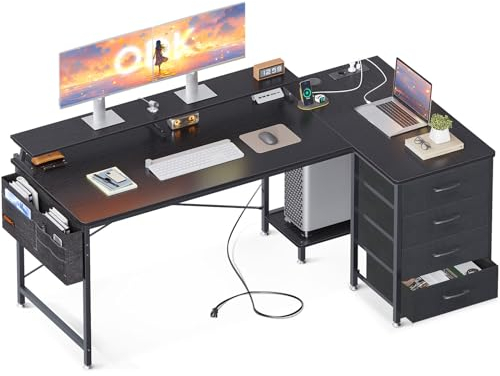 ODK Scrivania Angolare con 4 Cassetti, 160x80cm Scrivania ad Angolo Reversibile con Prese, Scrivanie a L con Scaffali Portaoggetti Tavolo con Borsa Portaoggetti per Casa Ufficio, Nero