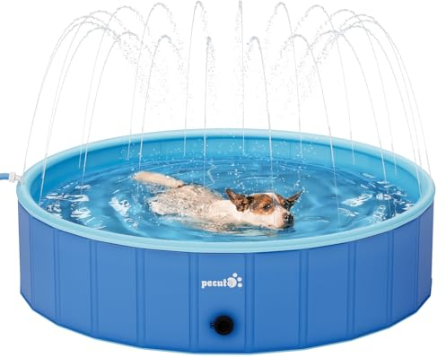 Pecute Paddling Pool for Pet with Sprinkler, Sturdy Foldable Dog Swimming Pool Bathtub, Anti Slip Pets Bathing Pool for Garden Great for Backyard Outdoor Travel - 120 * 30cm