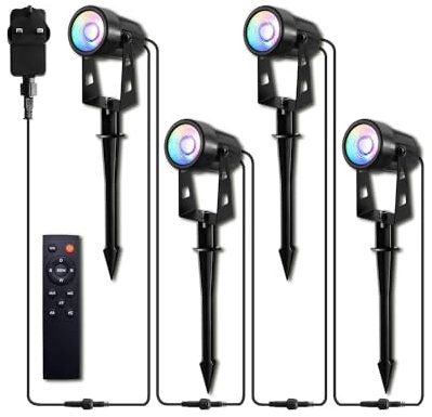 TobeBright Garden Spot Lights, 12W RGB+WW Color Changing Landscape Light with Remote Control, IP66 Waterproof Spotlight Landscape Lighting with Plug for Yard Tree Path Garden Decorative, 4 Pack