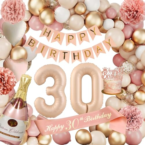 Deko 30 Geburtstag Frauen, Geburtstagsdeko 30, Zahlen Luftballon 30. Geburtstag, 30 Retro Rosa Ballon Girlande mit Girlande Geburtstag, Champagner Ballon, Seidenpapier Pompons für Frau Party Deko