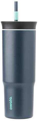 Owala Vaso de viaje de acero inoxidable de triple capa con tapa resistente a derrames y popote, sin BPA, 24 onzas, negro/gris (marea neblinosa)