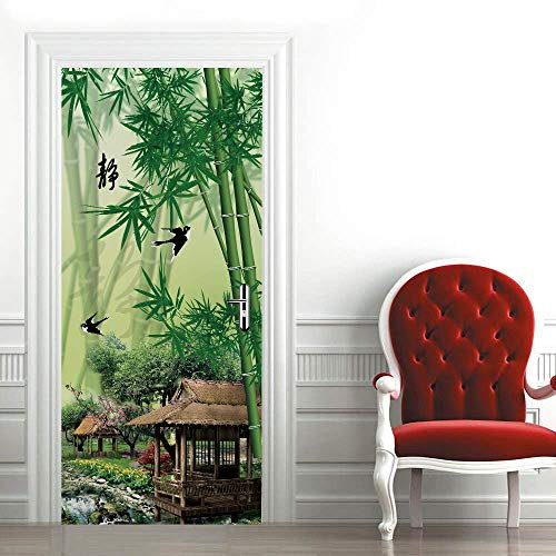 3D Papier Peint Porte Trompe l'oeil Sticker Poster Porte Trompe l'oeil Intérieure Muraux PVC pour Décoration Mur Salon Cuisine Chambre Salle de Bain 73x205 cm Bambou vert