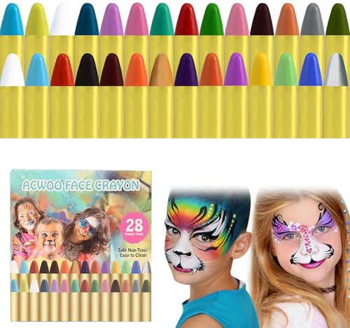 Crayones de Pintura Facial, Pintura de Cara para Niños, Juego de Pintura Facial de 28 Colores para Niños, Pintura Cara Halloween, Colores Crayones de Pintura Facial Niños de Seguridad No Tóxica