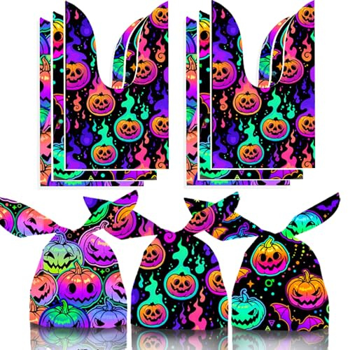 100 Stück Halloween Tüten für Süßigkeiten, Cellophantüten, Hasenohren Süßes oder Saures Geschenktüten, süßigkeiten, Kekse, Pralinen, Halloween Deko Party