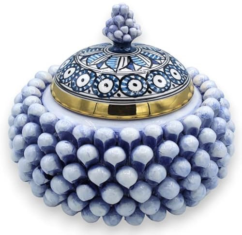 SICILIA BEDDA CAPACI Biscottiera Pigna in Ceramica Caltagirone, Ø 22 cm ca. Blu Antico, Coperchio con Smalto Oro zecchino 24k