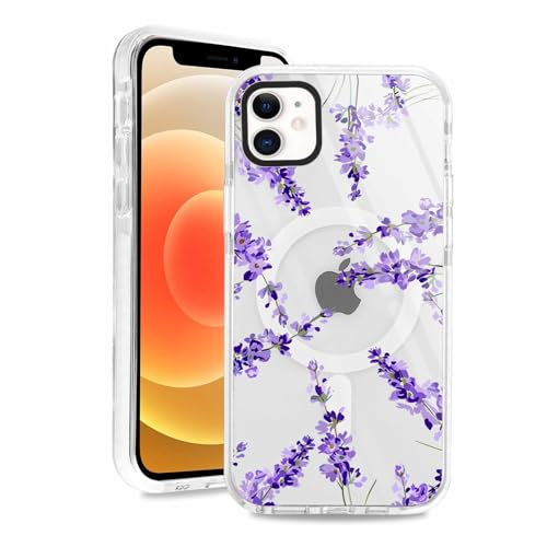 Buoluoioir für iPhone 12 Pro/iPhone 12 Hülle mit Magnetkraft, kompatibel mit MagSafe, Magnetisches Durchsichtig Handyhülle mit Lavendel Blume Aesthetic Muster, Stoßfest Kratzfeste Klar Harter PC Case