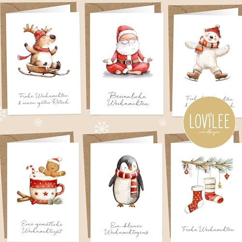 LOViLEE 10x Weihnachtskarten inkl. extra Umschläge & Sticker im Geschenkset - hochwertige Klappkarten zu Weihnachten - Weihnachtskarten mit Umschlag Set in premium Qualität - Classic Aquarell