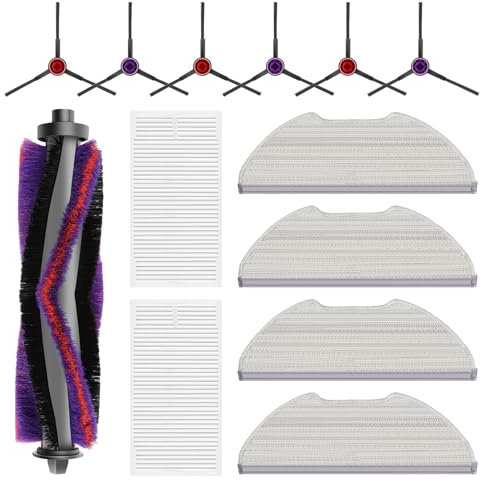 12 Stück Zubehörset für Eureka E10s Saugroboter, Ersatzteile Enthält 1 Hauptbürste 2 HEPA Filter 3 Wischtücher 6 Seitenbürsten