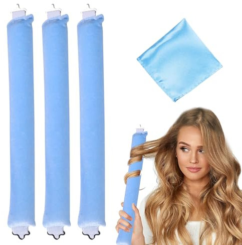 3 Stück Hitzefreie Lockenwickler, Haar Locken über Nacht, Lockenwickler Über Nacht mit Haken, Heatless Curls Große Locken, für Verschieden Haartypen, Langes und Kurzes Haar Verwendet Werden(Blau)