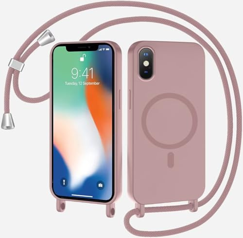 SLWYF Magnetische Handykette für iPhone X/iPhone XS Hülle mit Band, Handyhülle Kompatibel mit MagSafe, Silikon Seil Necklace Handyhülle PU Stoßfest mit Abnehmbar Kordel zum Umhängen Case - Sandpulver